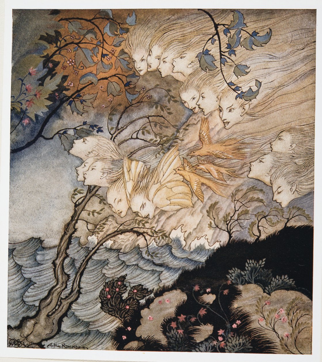  E às vezes vozes, ilustração de William Shakespeares The Tempest, pub. 1926 de Arthur Rackham