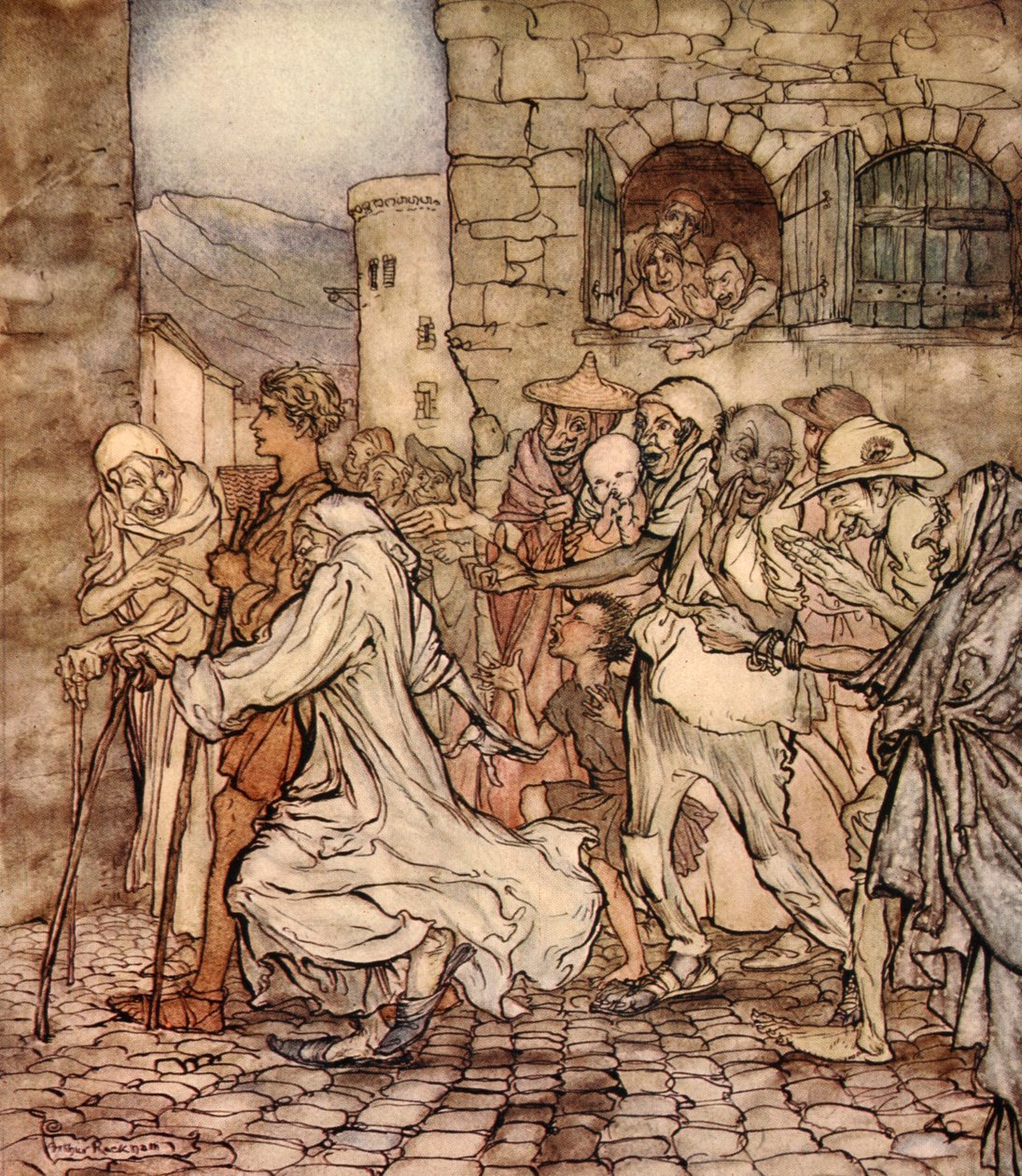 Enquanto Perseu caminhava ao longo das pessoas apontadas depois dele, ilustração de "Um livro de maravilhas para meninas e meninos", de Nathaniel Hawthorne, 1928 de Arthur Rackham