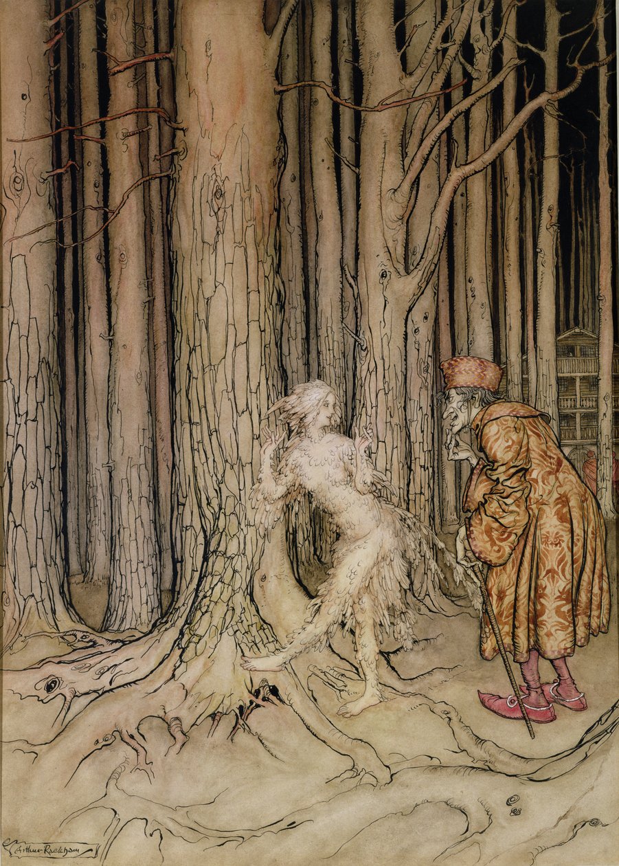 Finalmente ela conheceu o noivo que estava voltando lentamente, ilustração para Fitchers Bird, de Little Brother, Little Sister, pelos irmãos Grimm, 1917 (wc e caneta e tinta no papel) (veja também 28797) de Arthur Rackham