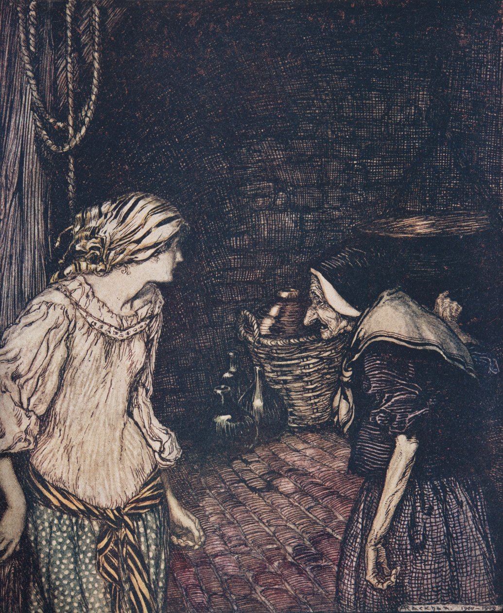 Por fim, chegou ao porão e lá encontrou uma velha, idosa, de cabeça tremula ... de Os contos de fada dos irmãos Grimm, pub. 1909 de Arthur Rackham