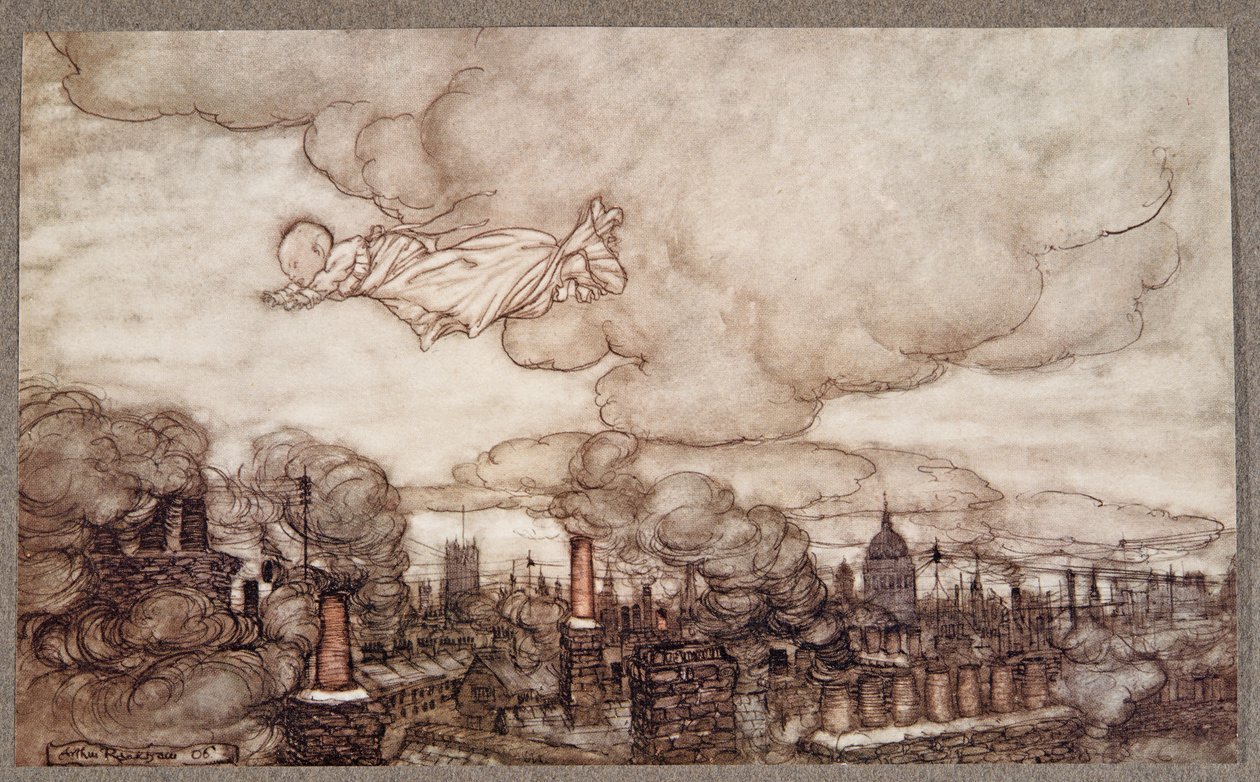 Fora ele voou direto para as casas dos jardins, de Peter Pan em Kensington Gardens por JM Barrie (1860 - 1937), pub. 1906 de Arthur Rackham