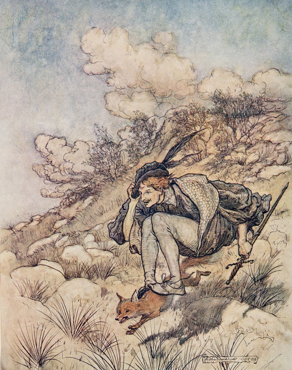 Fora eles voaram sobre o caldo e a pedra, a tal passo que seus cabelos assobiavam ao vento, de Os contos de fada dos irmãos Grimm, pub. 1909 de Arthur Rackham