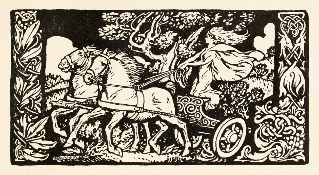 Becfola em sua carruagem de The Wooing of Becfola em contos de fadas irlandeses de Arthur Rackham