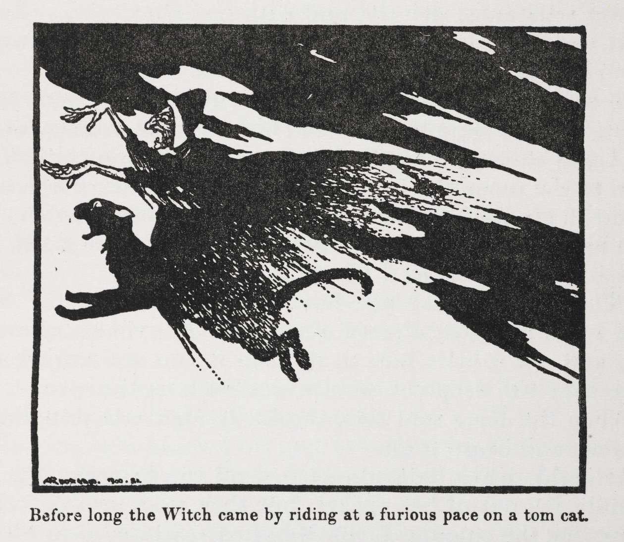 Em pouco tempo a Bruxa veio cavalgando a um ritmo furioso num "gato tom". de Arthur Rackham