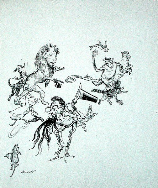 Aves, bestas e peixes se apressavam em massa confusa", ilustração de "The Zankiwank and the Bletherwitch", de S.J. Adair Fitzgerald, publicado em 1896 (caneta e tinta sobre papel) de Arthur Rackham
