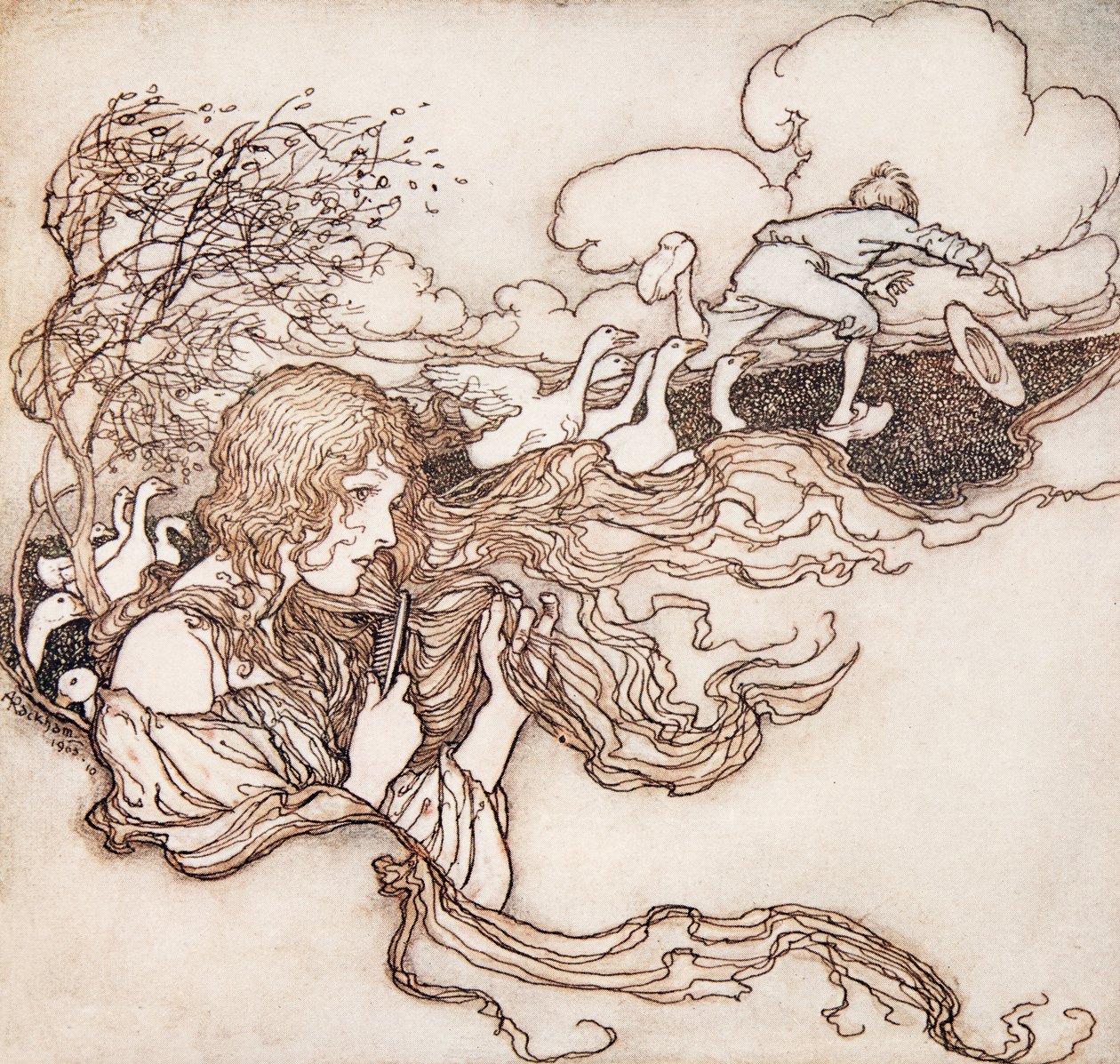 Golpe, sopro, brisa e chapéu de Conrads se agarram. dos contos de fadas dos irmãos Grimm, bar. 1909 de Arthur Rackham