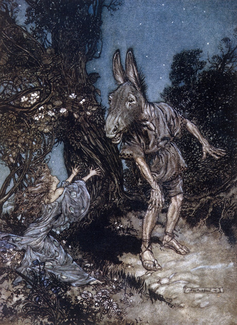 Por baixo o homem cabeça de burro e Titania a rainha dos honorários. Ilustração de Arthur RACKHAM (1867-1939) para The Dream of a Summer Night de William SHAKESPEARE de Arthur Rackham