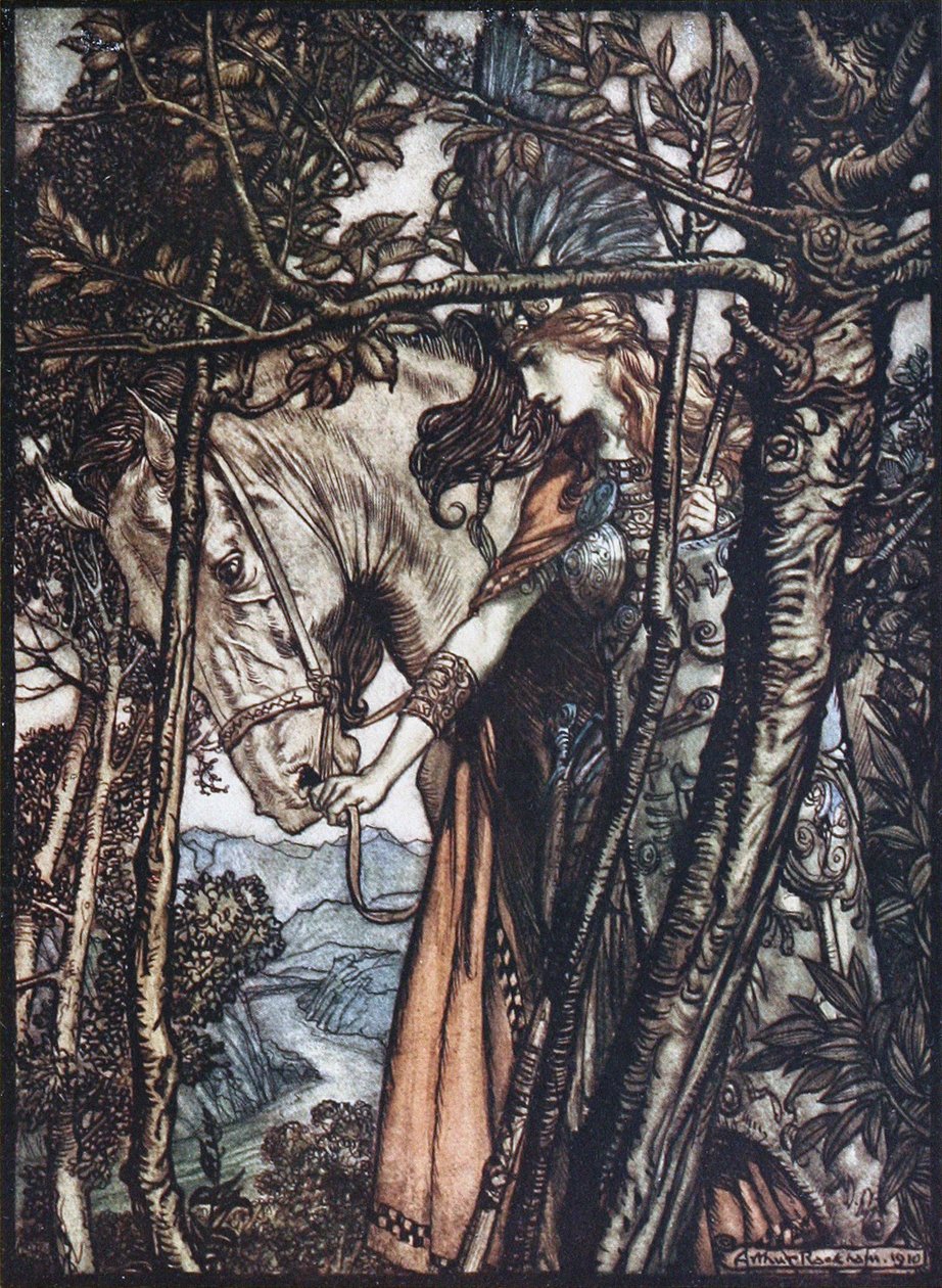 Brünnhilde conduz o cavalo pelo freio. Ilustração para Rhinegold e The Valkyrie de Richa de Arthur Rackham