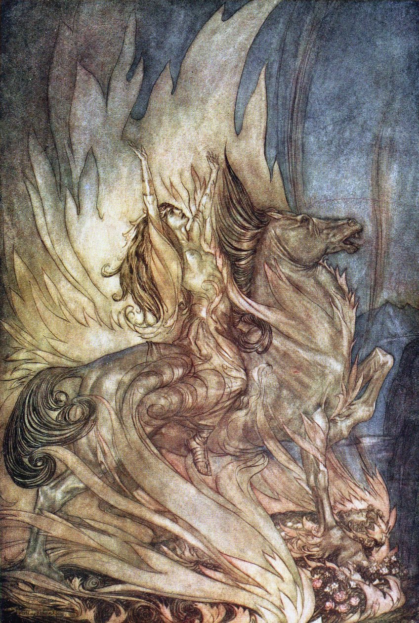 Brünnhilde em Grane pula na pira funerária de Siegfried. Ilustração para Siegfried e The Tw de Arthur Rackham
