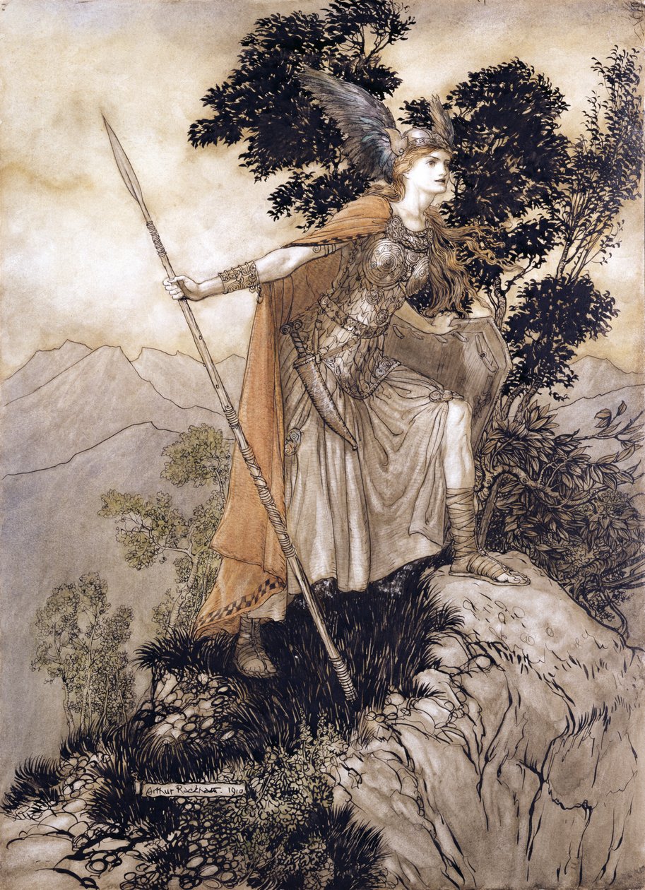 Brunhilde, ilustração de The Rhinegold and the Valkyrie por Richard Wagner, 1910 (caneta e tinta, wc no papel) de Arthur Rackham