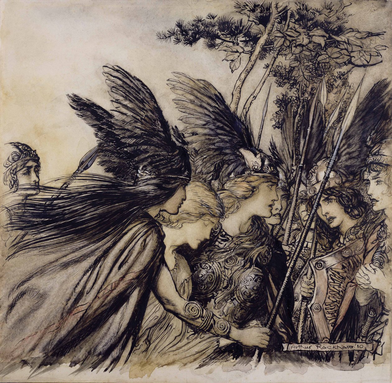 Brunnhilde Implora as Valquírias, ilustração de O Reno e a Valquíria, de Richard Wagner, edição publicada em 1910 (caneta, tinta e wc no papel) de Arthur Rackham