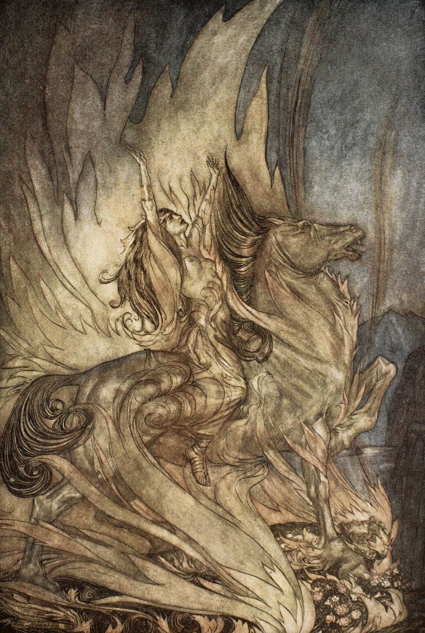 Brunnhilde sobre Grane salta para a pira funerária de Siegfried, ilustração de 