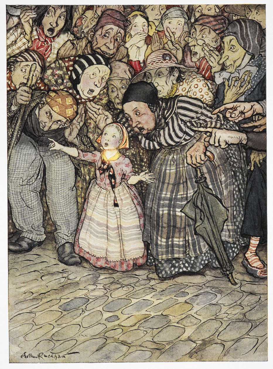 "Mas ele não tem absolutamente nada", disse uma criança pequena. Ilustração a cores da história, "a roupa nova do imperador". de Arthur Rackham