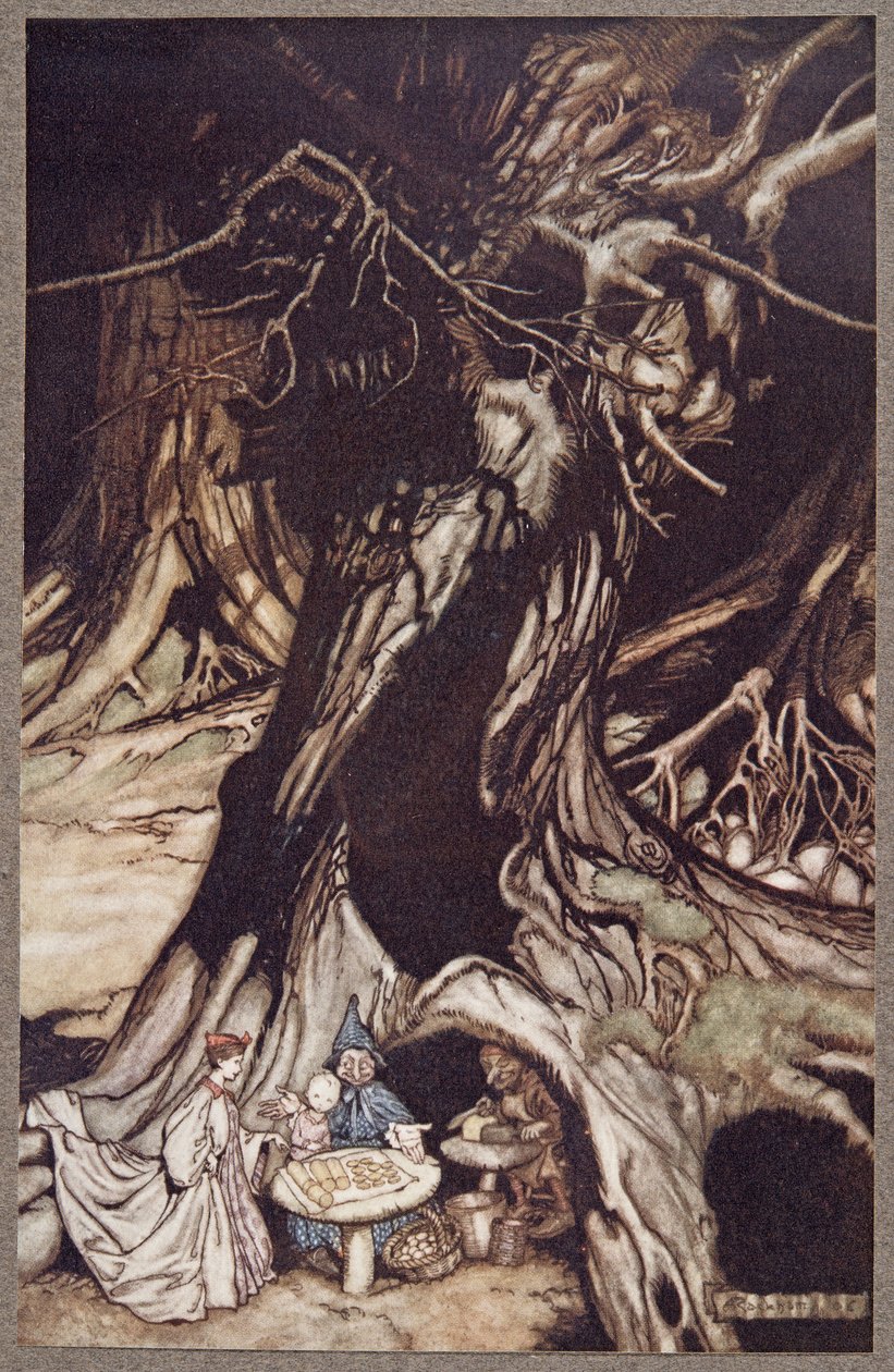 A manteiga é obtida das raízes de árvores antigas, de Peter Pan em Kensington Gardens por JM Barrie (1860 - 1937), pub. 1906 de Arthur Rackham