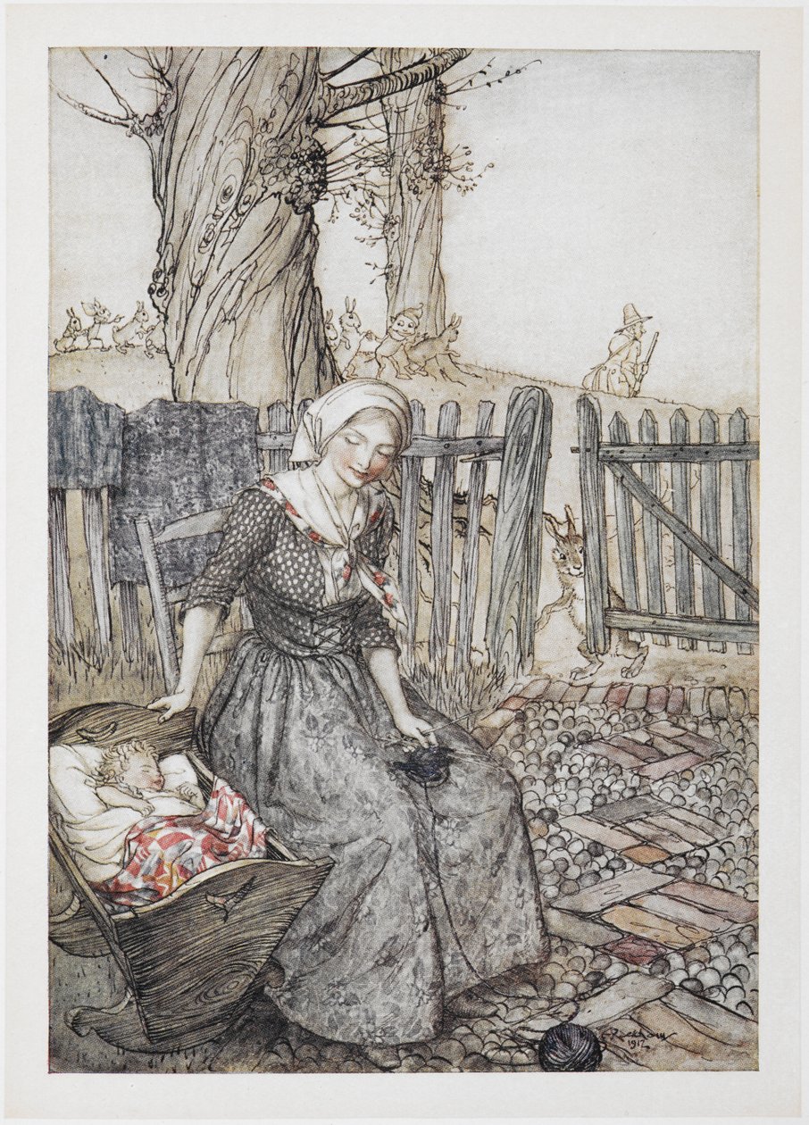 Adeus, bunting baby bunting". Mãe com o seu bebé num berço. O pai vai à caça em segundo plano. de Arthur Rackham