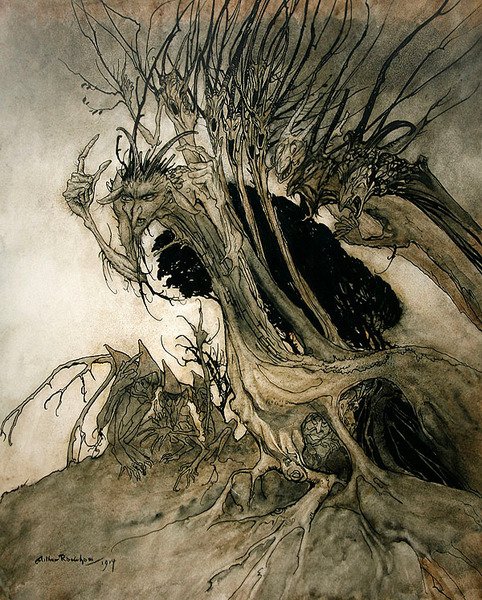 Chamando as formas e chamando as sombras para as sombras, de "Comus", de Milton. de Arthur Rackham