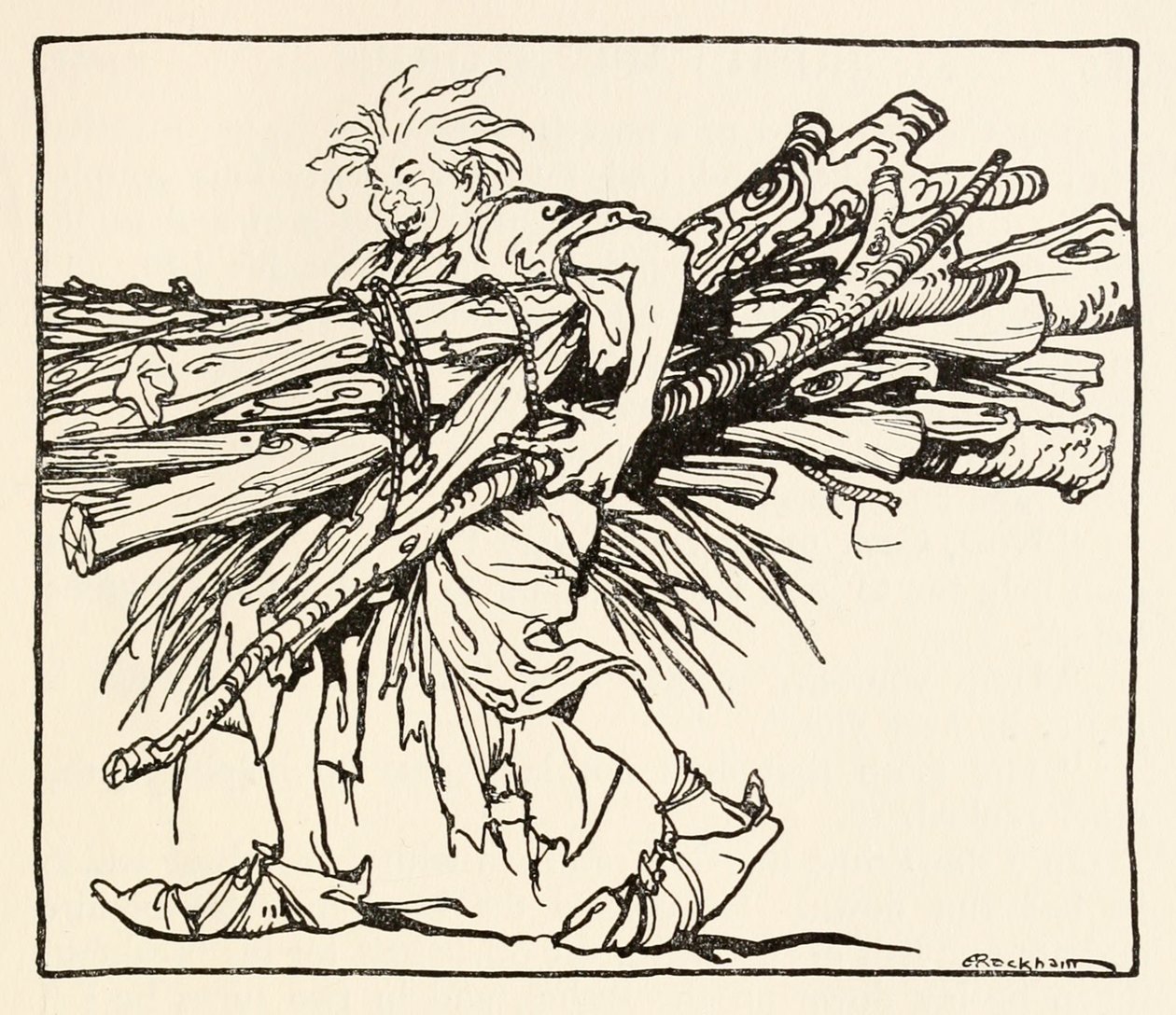 Carl construindo um abrigo para a noite, do Carl do Brasão Drab em contos de fadas irlandeses de Arthur Rackham
