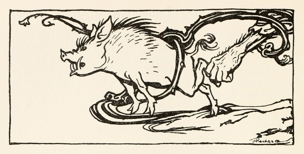 Carl pegando um javali para o jantar, do Carl do Brasão Drab em contos de fadas irlandeses de Arthur Rackham