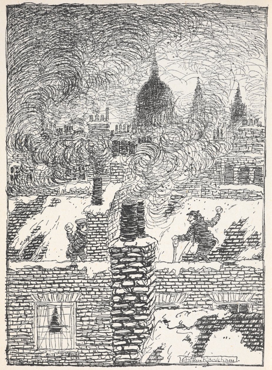 Crianças a brincar nos telhados na neve à noite, com a cúpula de S. Paulo à distância. de Arthur Rackham