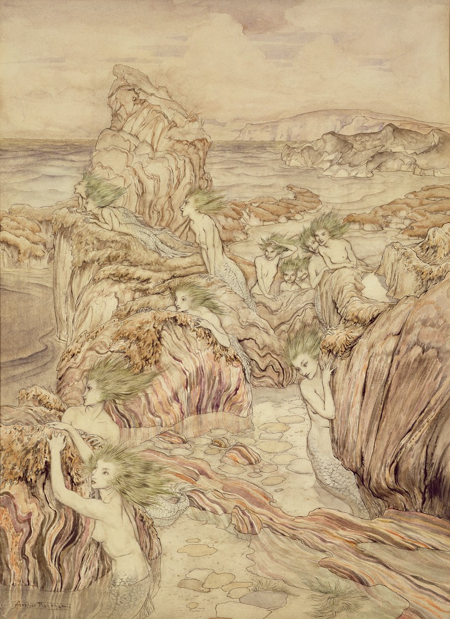 Filha do Mar, ilustração de As Três Maçãs Douradas, de Nathaniel Hawthorne (caneta e tinta e wc sobre papel) de Arthur Rackham