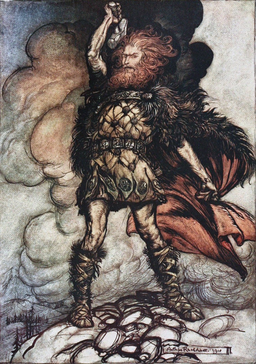 Donner, seu senhor, convoca seus anfitriões! Ilustração para The Rhinegold e The Valkyrie, de Richard W de Arthur Rackham