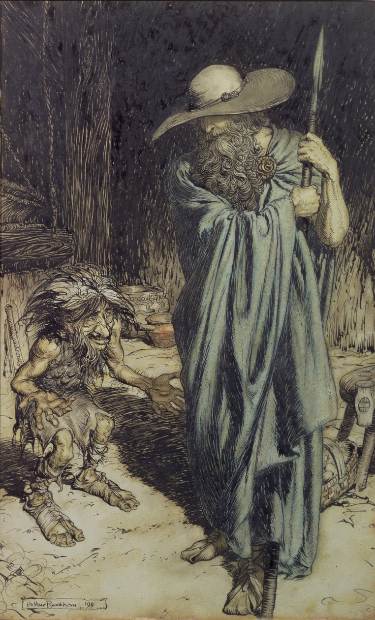 Anão e Wotan, de Wagners Anel dos Niebelungen, 1911 (wc, caneta e tinta) de Arthur Rackham