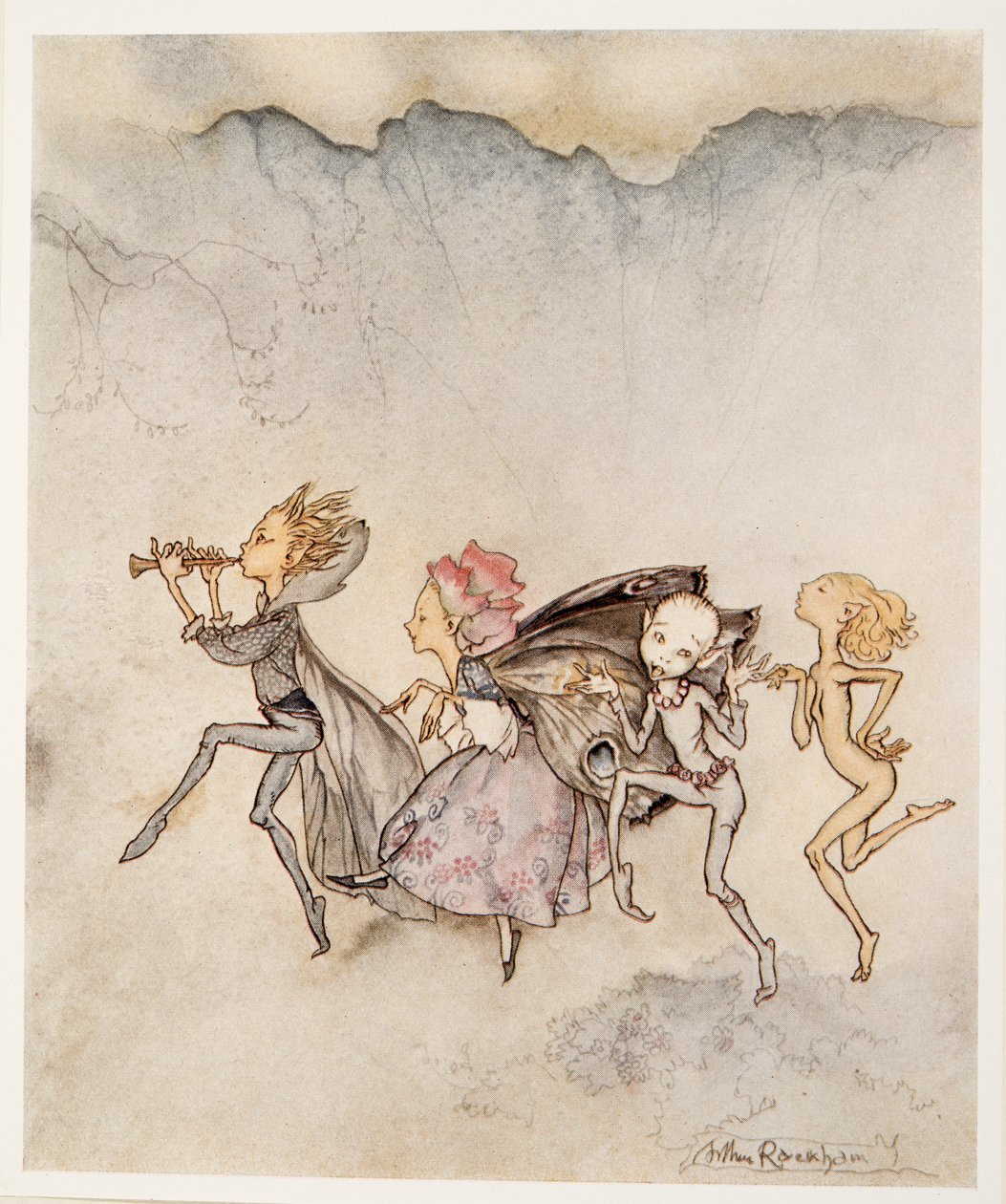 Cada um, tropeçando em seu dedo do pé, estará aqui com o espanador e a sega, ilustração de William Shakespeares a tempestade, bar. 1926 de Arthur Rackham