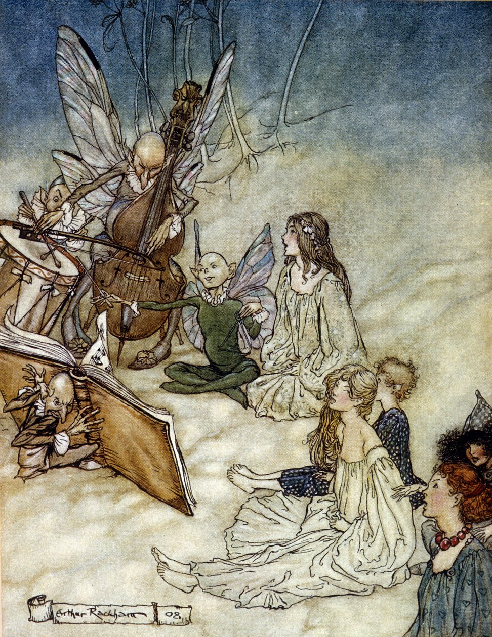 Elfos Tocando Ilustração Musical de Arthur RACKHAM (1867-1939) para The Dream of a Summer Night de William SHAKESPEARE de Arthur Rackham