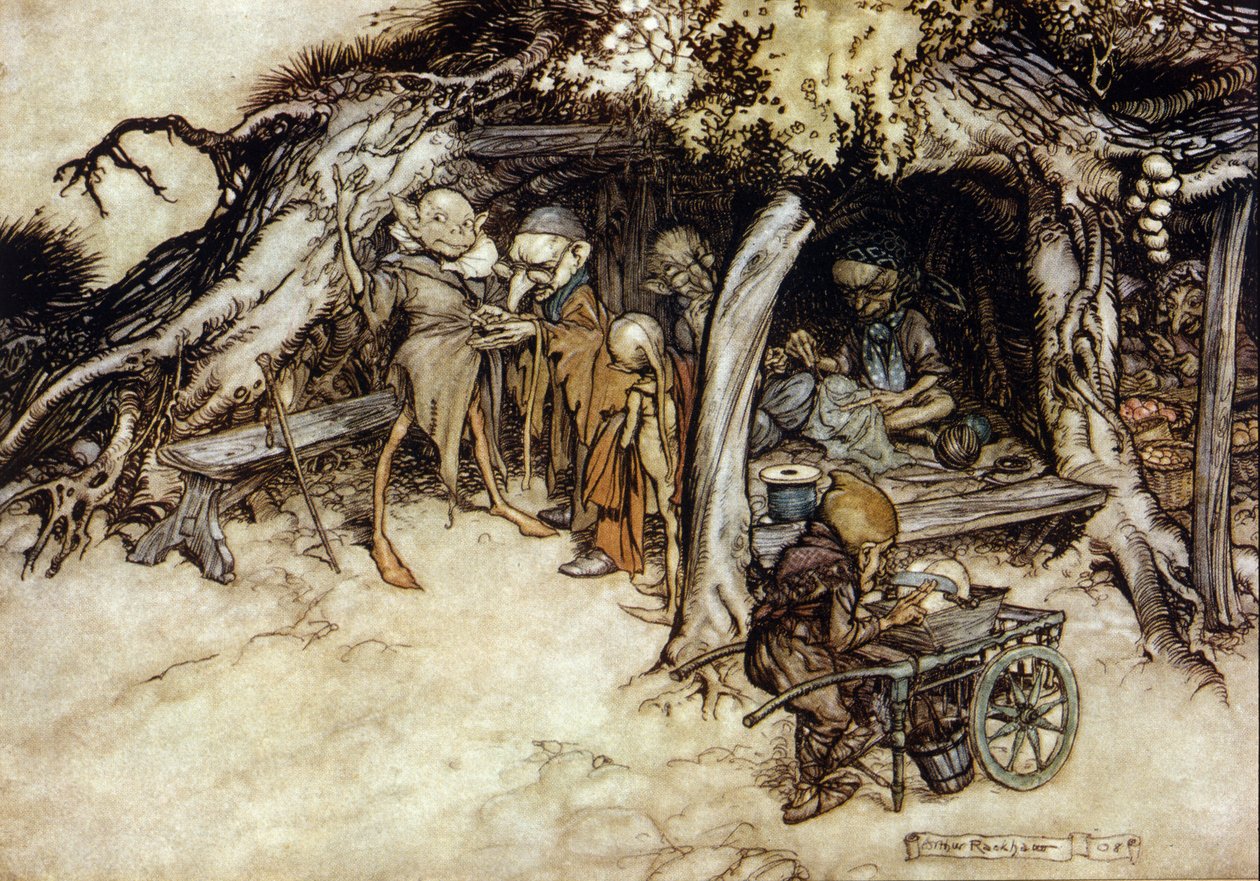 Elfos fazem um casaco, Ilustração de Arthur RACKHAM (1867-1939) para The Dream of a Summer Night de William SHAKESPEARE de Arthur Rackham
