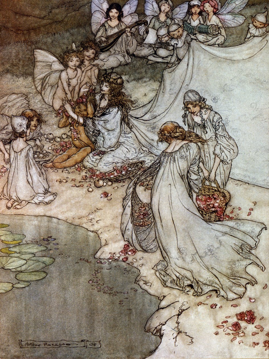 Elfos a fazer colares de rosas. Ilustração de Arthur RACKHAM (1867-1939) para The Dream of a Summer Night de William SHAKESPEARE de Arthur Rackham