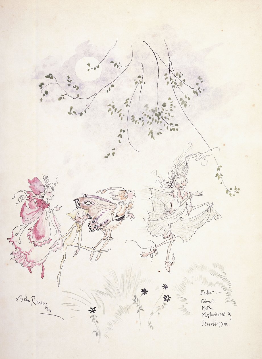 Digite: Teia de aranha, mariposa, mostarda e ervilha. Ilustração para Shakespeare "s" Um Sonho de uma Noite de Verão ", c.1908 de Arthur Rackham