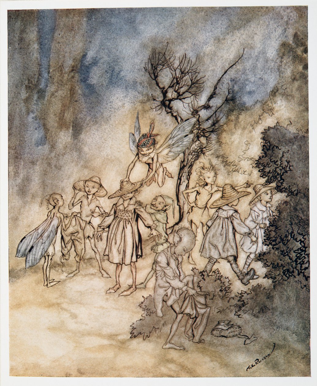 Entre certos ceifeiros, apropriadamente habitados, ilustração de William Shakespeares The Tempest, pub. 1926 de Arthur Rackham