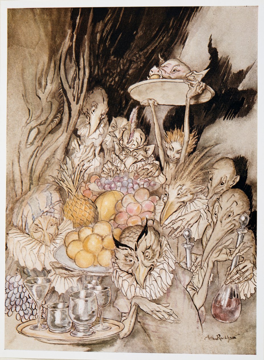 Entre em várias formas estranhas, trazendo um banquest Convidando o rei, etc. comer, ilustração de William Shakespeares a tempestade, bar. 1926 de Arthur Rackham