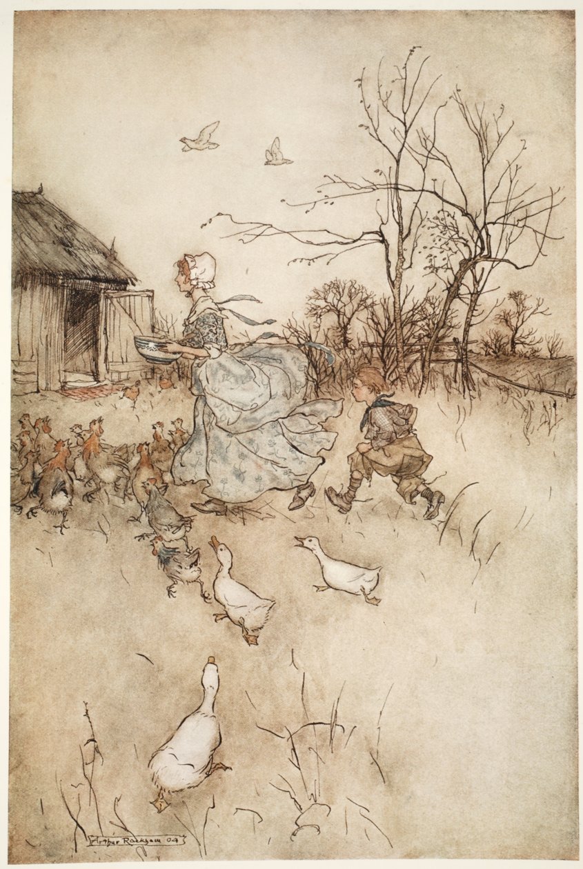 Equipado com um par de seus pais, ele tinha tantos anúncios para sustentar quanto uma boa dama faz seu trem em mau tempo., De Rip Van Winkle, de Washington Irving, pub. 1910 (cor li de Arthur Rackham