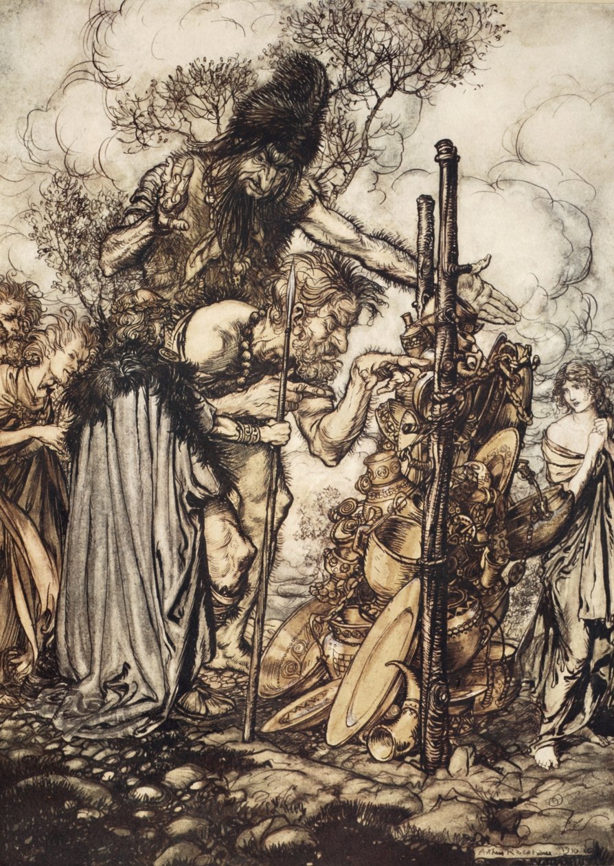Fafner: &39;Ei! Venha aqui, e me pare com esta grana! &39;, Ilustração de&39; The Rhinegold and the Valkyrie &39;, 1910 de Arthur Rackham