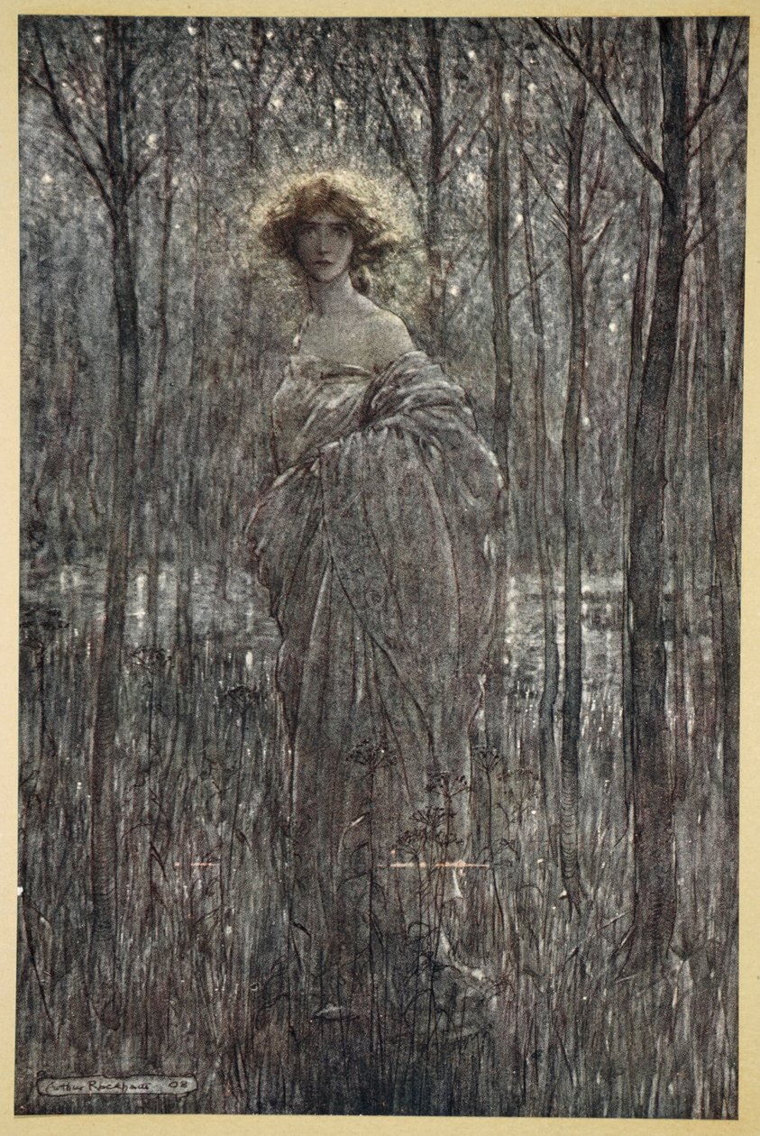 Fair Helena, que mais recebe a noite Do que todos os seus olhos e olhos de luz, ilustração de &39;Sonho de Noites de Verão&39;, de William Shakespeare, 1908 de Arthur Rackham