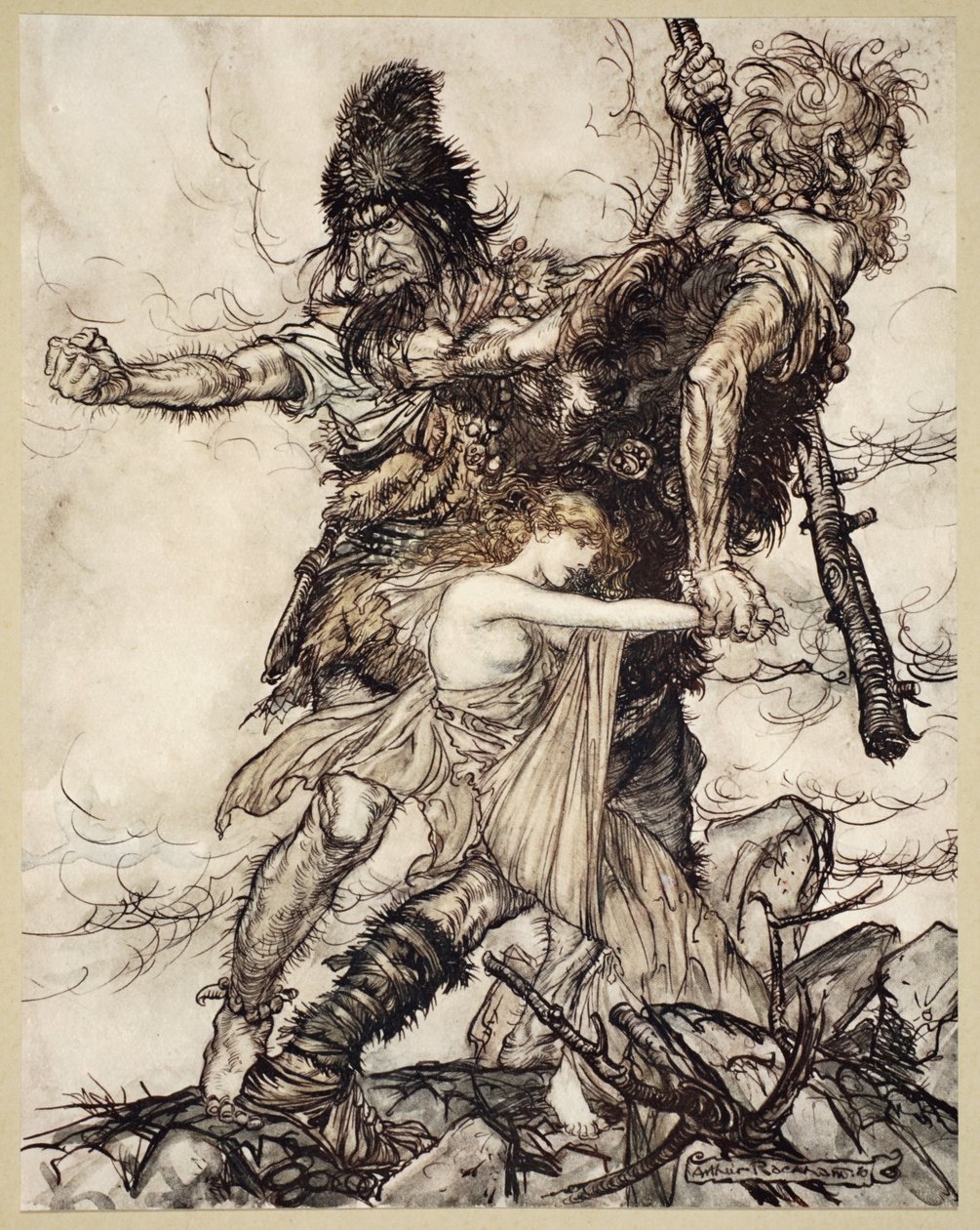De repente, Fasolt agarra Freia e arrasta-a para um lado com Fafner, ilustração de "O Reno e a Valquíria", 1910 de Arthur Rackham