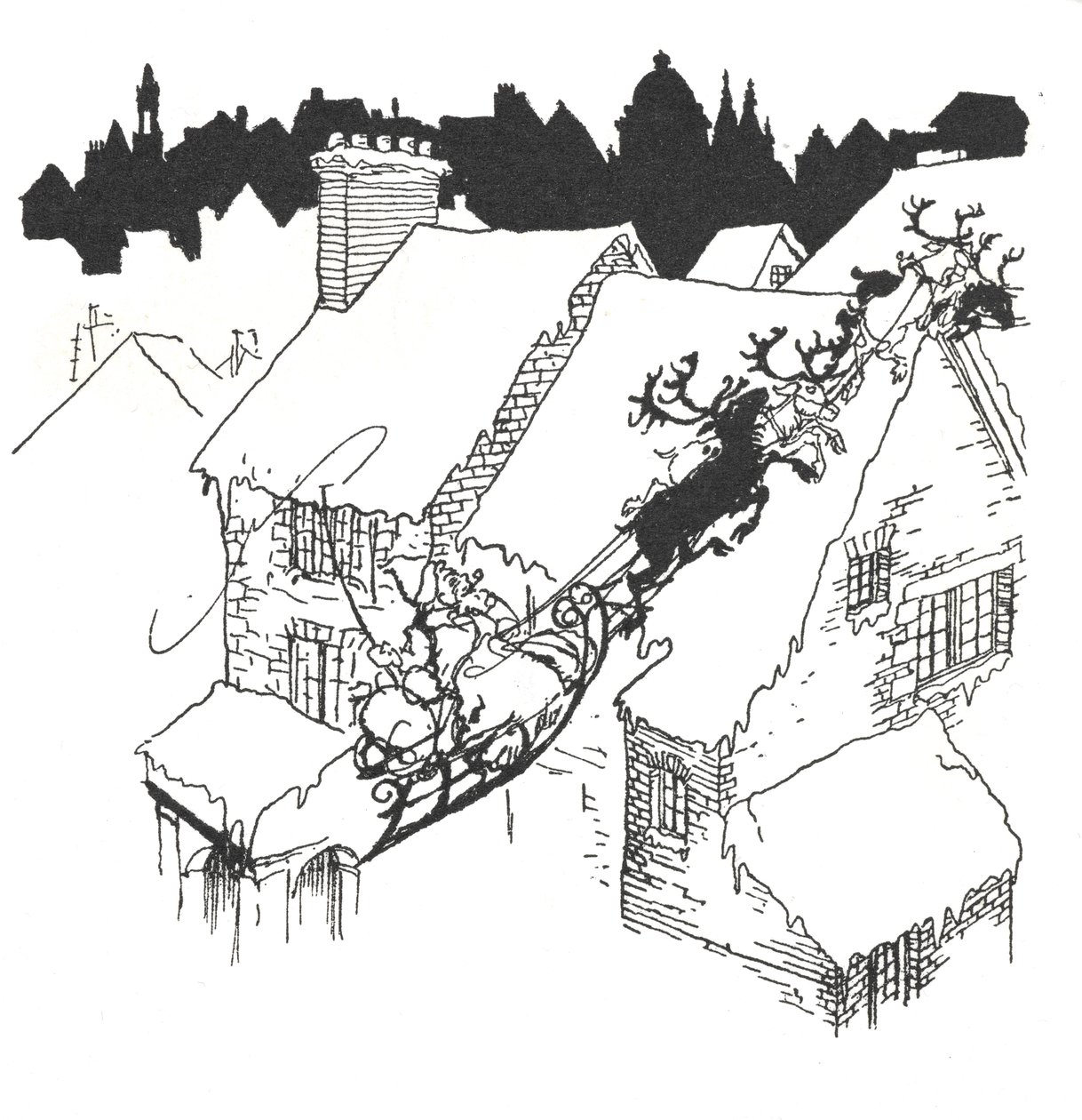 O Pai Natal no seu trenó sobrevoando os telhados nevados de Arthur Rackham