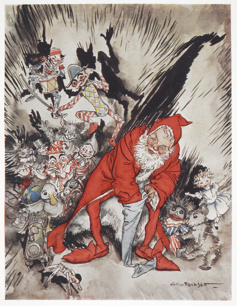 Pai Natal rodeado de presentes de Arthur Rackham