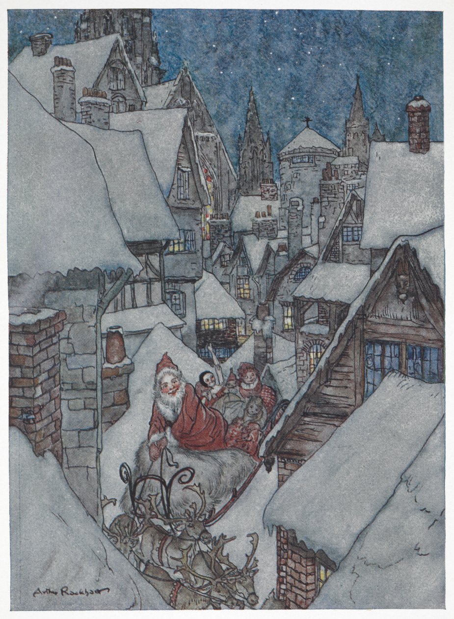 Pai Natal a viajar pelas ruas nevadas no seu trenó de Arthur Rackham