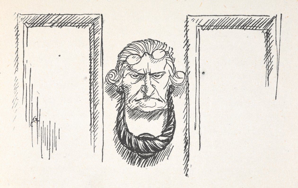 Batedor da porta frontal com a cara de Scrooge de Arthur Rackham