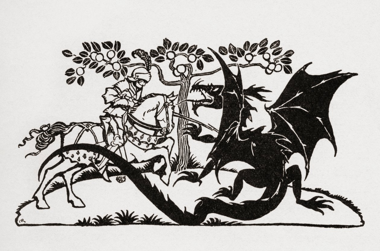George e o Dragão. Do livro English Fairy Tales retold by F.A. Steel com ilustrações de Arthur Rackham, publicado em 1927. de Arthur Rackham