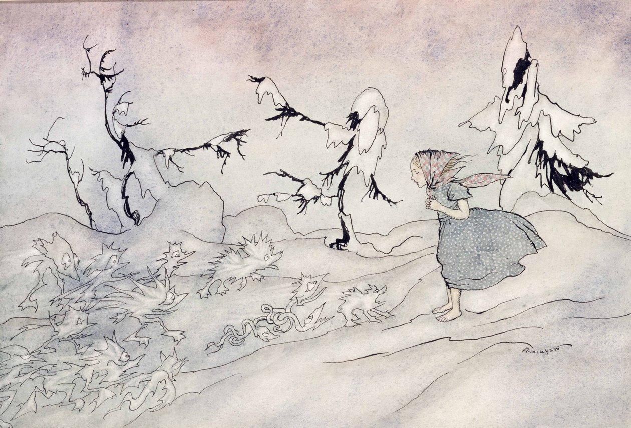 Gerda está aterrorizada com a guarda avançada da Rainha da Neve, mas ela disse Pai Nosso e é resgatada por anjinhos brilhantes, ilustração de A Rainha da Neve por Hans Christian Andersen, publicada em 1932 (wc & i de Arthur Rackham
