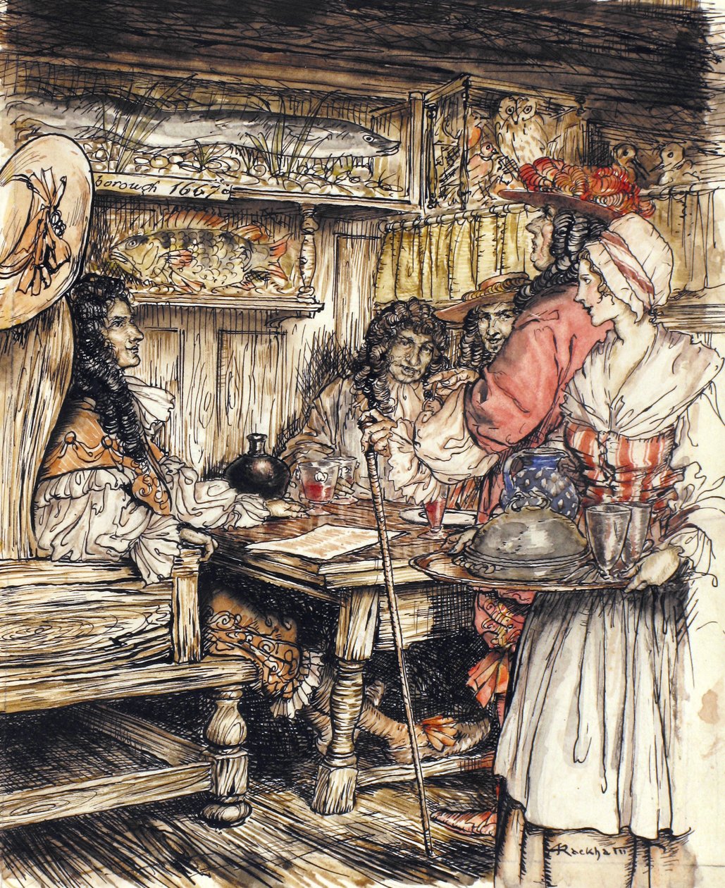 Vá e veja em um dos cafés da King Street em Westminster, ilustração de The Compleat Angler, de Isaac Walton, 1931 (caneta e tinta e aquarela sobre papel) de Arthur Rackham