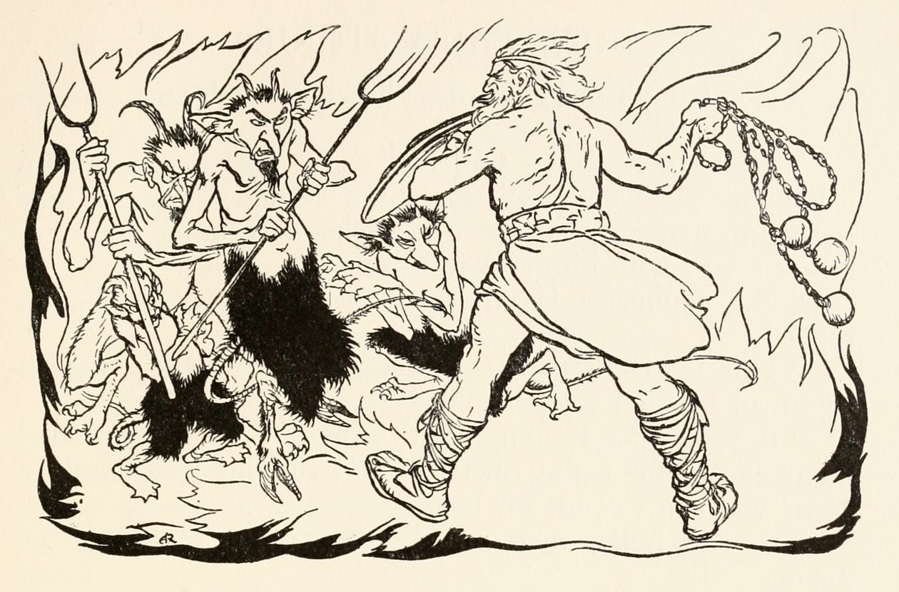 Goll mac Morna assaltando o inferno para resgatar Fionn e o Fianna-Finn, de The Little Brawl em Allen em contos de fadas irlandeses de Arthur Rackham