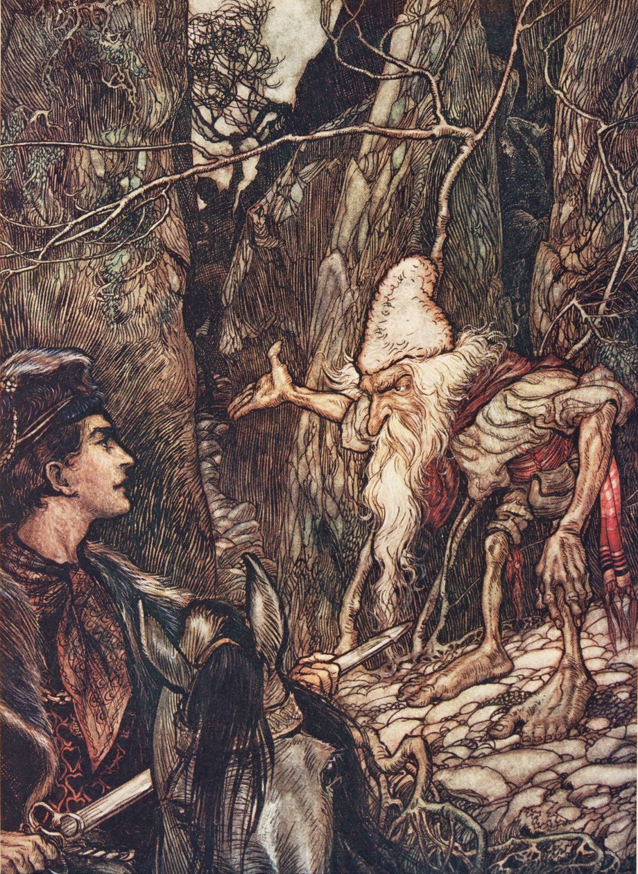 Bom anão, você não pode me dizer onde estão meus irmãos dos contos de fadas dos irmãos Grimm, bar. 1909 de Arthur Rackham