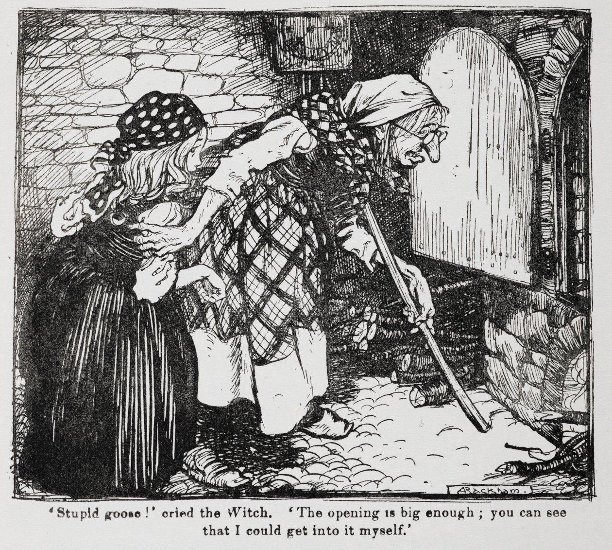 Grethel e a velha bruxa junto ao forno de Hansel e Grethel. de Arthur Rackham
