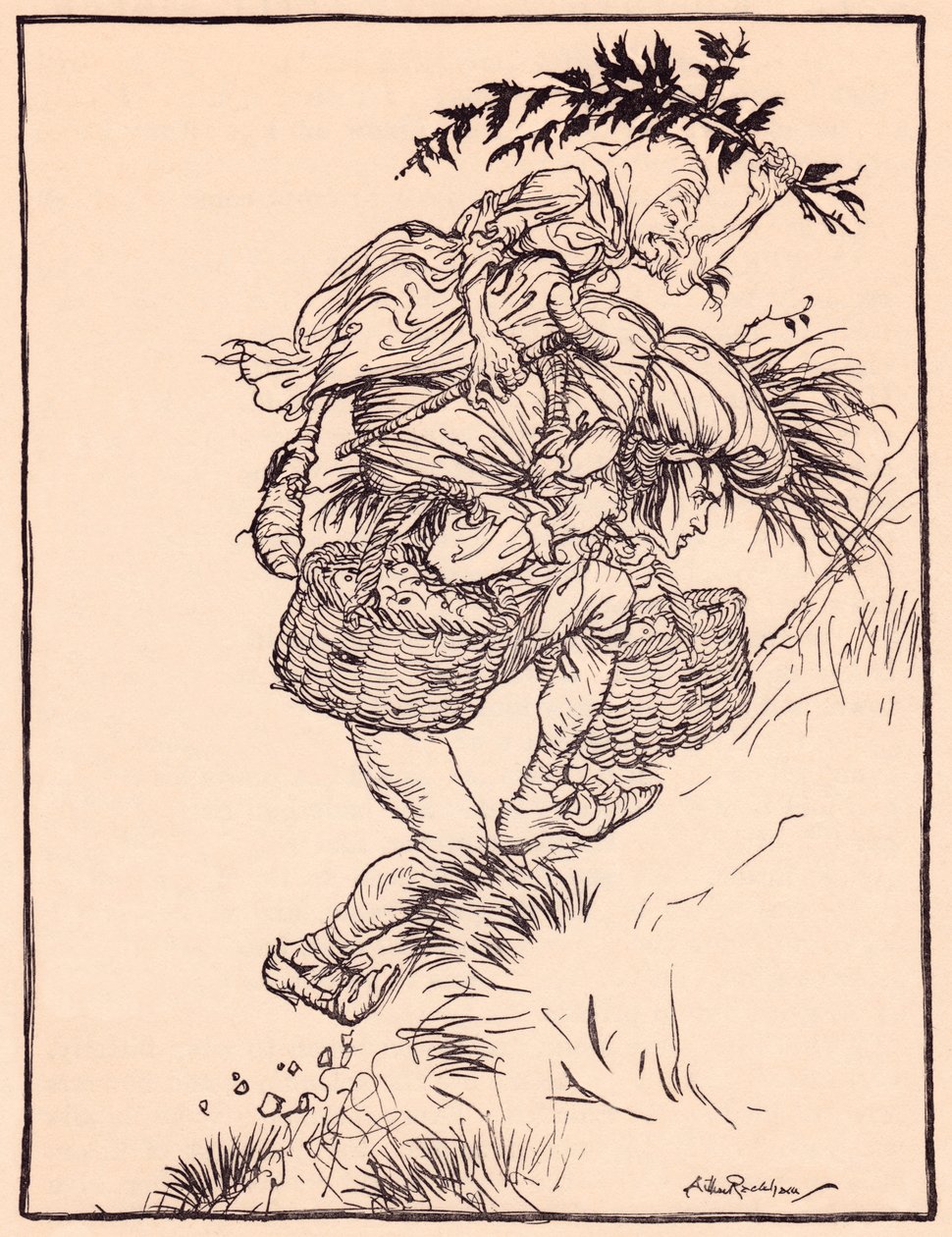 Gemendo continuamente, ele subiu a montanha. Ilustração de Arthur Rackham de Grimm