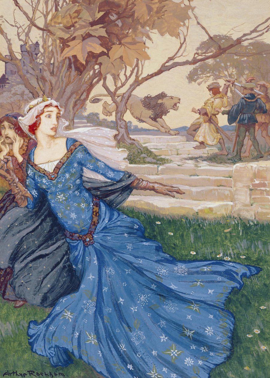 Guinevere Resgatado por La Cote Male Taile, ilustração de Uma Coleção de Histórias de Contos de Fadas Velhos: Grimm, Andersen e Histórias do Rei Arthur, publicado em 1905 (bodycolour no papel) de Arthur Rackham