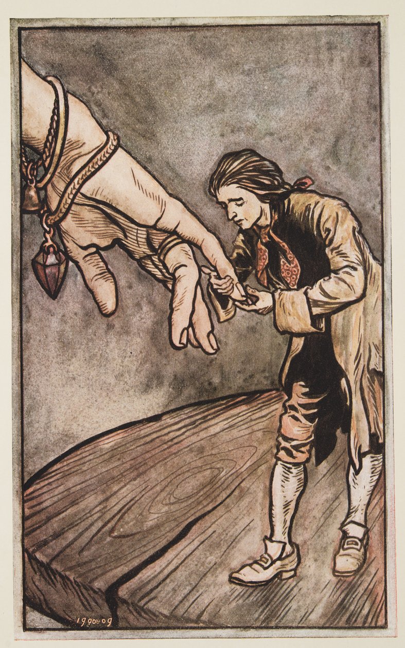 Gulliver Beija a Rainha de Brobdingnagias Hand, de Gullivers Travels de Jonathon Swift (1667 - 1745), pub. 1909 de Arthur Rackham
